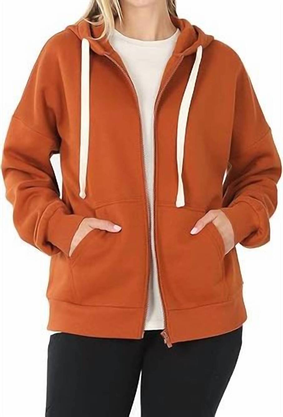 NEW ZENANA zuri zip front hoodie in almond